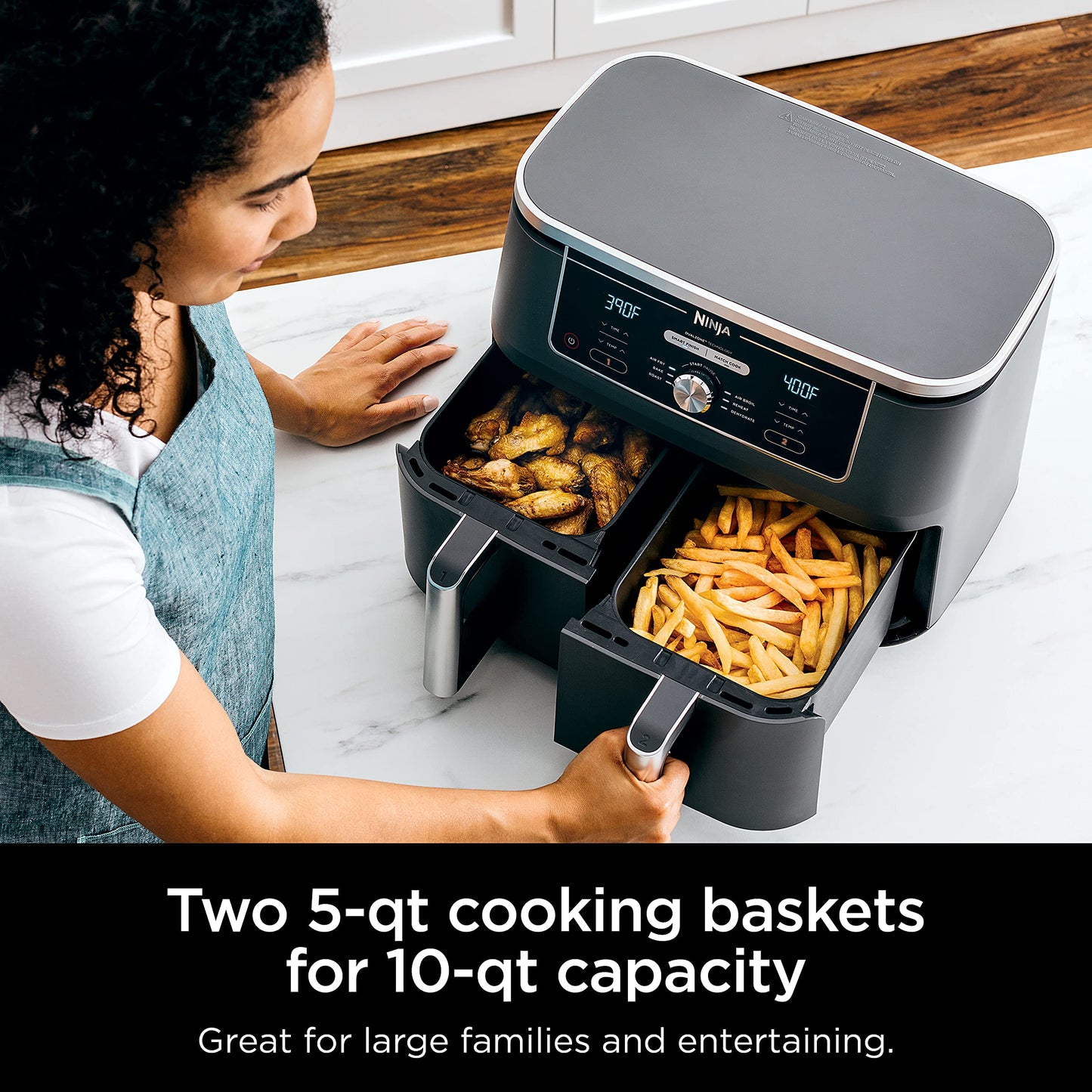 Ninja DZ401 Foodi 10 Quart 6-in-1 DualZone XL 2-Basket Air Fryer with 2 Independent Frying Baskets, Match Cook & Smart Finish to Roast, Broil, Dehydrate for Quick, Easy Family-Sized Meals, Grey