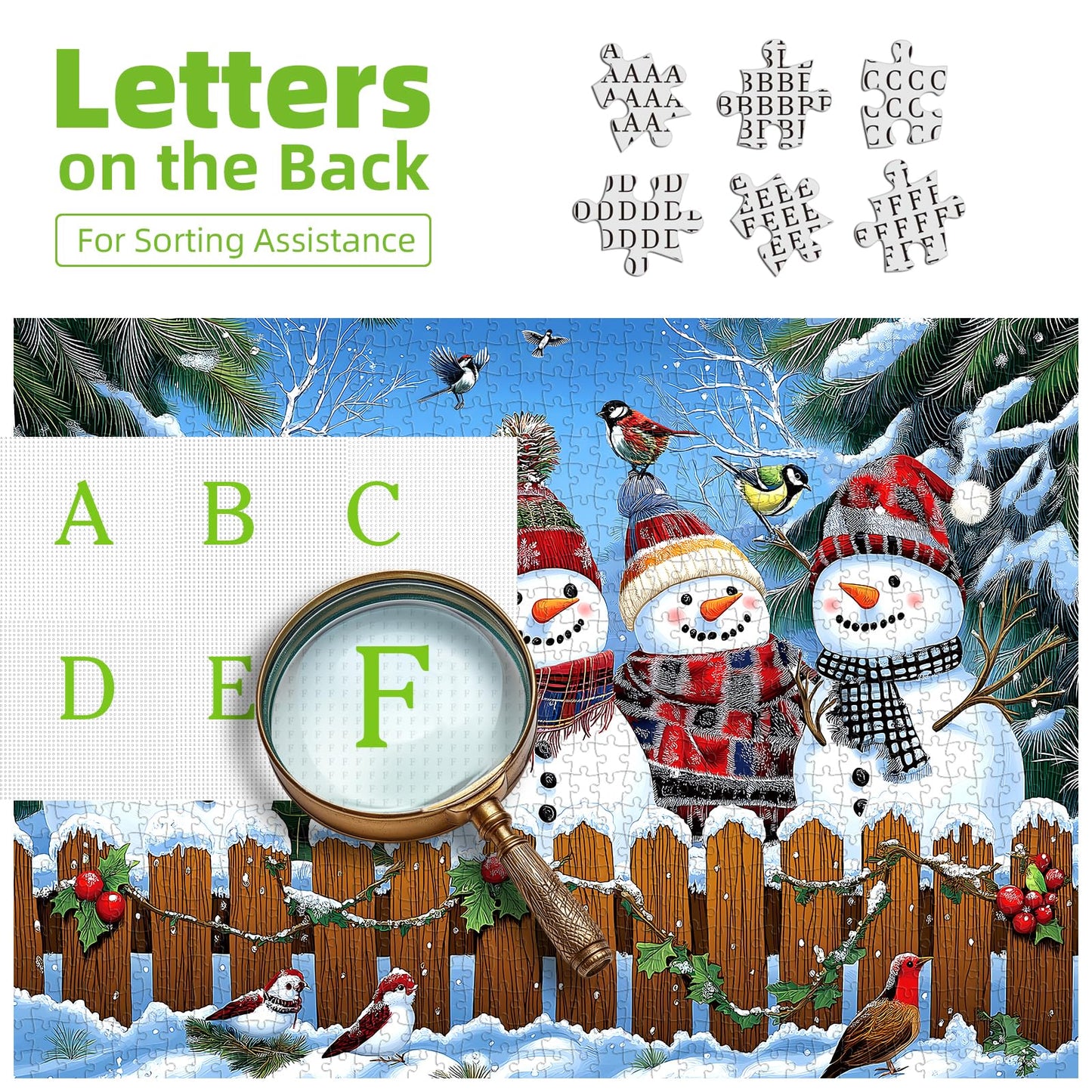 Winter Snowmen Christmas Jigsaw Puzzle 1000 Pieces for Adults Festive Holiday Scene with Birds & Snowy Fence Puzzle with Letters on Back Family Challenge Perfect for Game Night (27.6x19.7 Inch