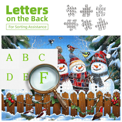 Winter Snowmen Christmas Jigsaw Puzzle 1000 Pieces for Adults Festive Holiday Scene with Birds & Snowy Fence Puzzle with Letters on Back Family Challenge Perfect for Game Night (27.6x19.7 Inch