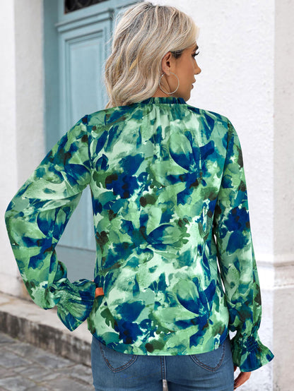 MASCOMODA Womens V Neck Floral Long Sleeve Tops 2024 Summer Casual Loose Puff Sleeve Chiffon Boho Work Blouse Dressy T Shirts(Green Flower,Small)