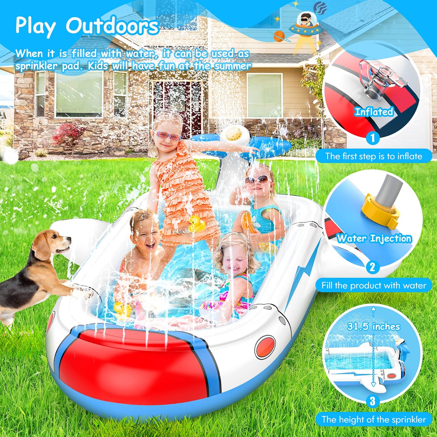 Kiddie Pool for Toddlers, Splash Pad for Kids Ages 4-8, 68" Inflatable 3-in-1 Swimming Pool for Kids, Backyard and Outside Sprinkler Play Mat Wading Pool for 3 4 5 6 Year Old Kids