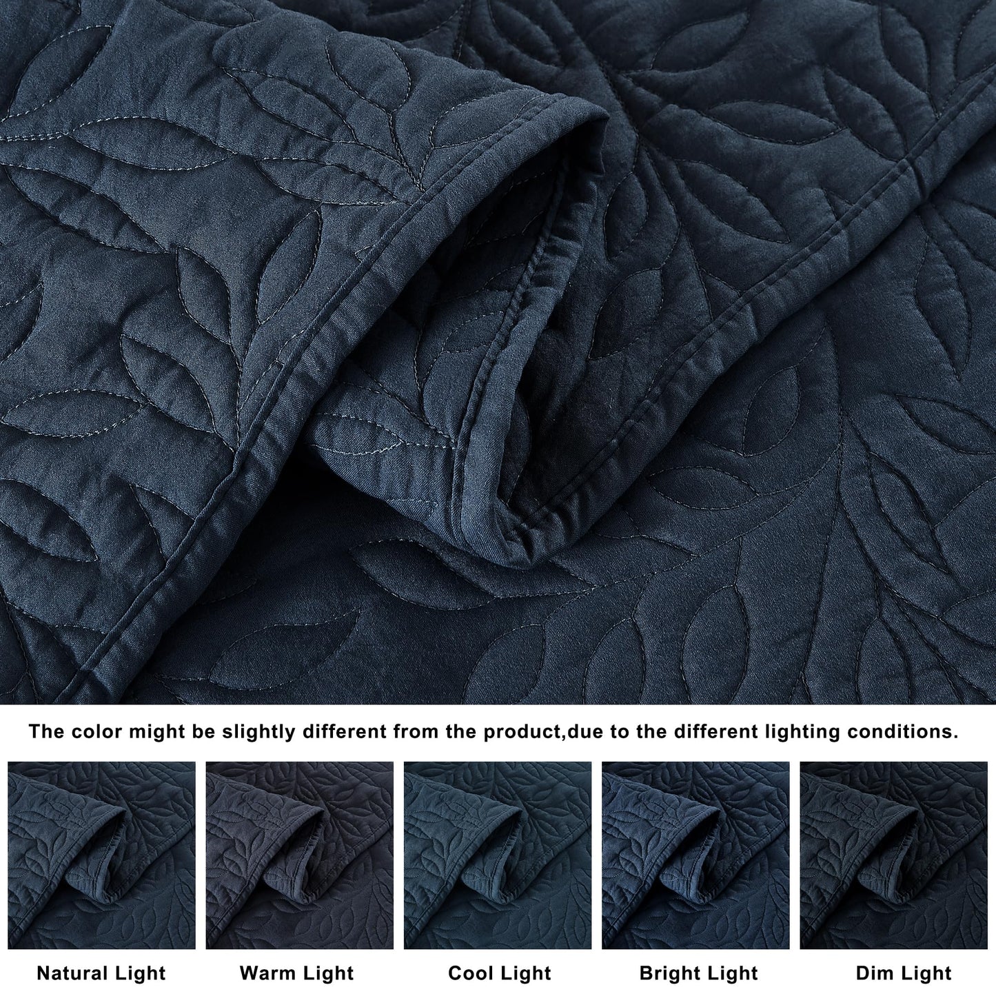 B2EVER Navy Blue Quilt Set King Size with Pillow Sham, Soft Microfiber Lightweight Farmhouse Bedding, Summer Bedspread Coverlet with Leaf Pattern for All Season, 3 Piece, 104x90 inches