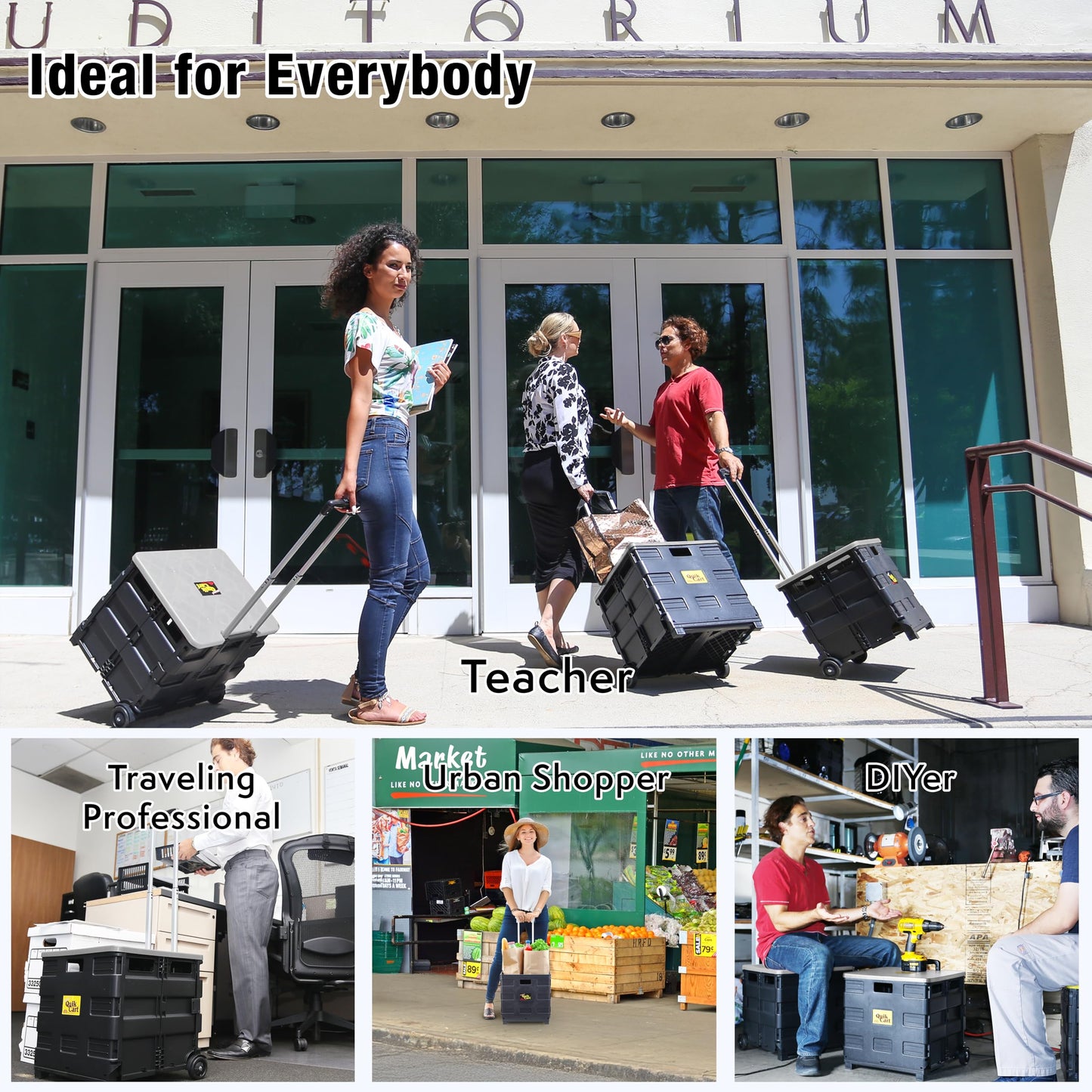 dbest products Quik Cart Collapsible Rolling Crate on Wheels for Teachers Tote Basket 80 lbs Capacity, Made from Heavy Duty Plastic and Used as a Seat, Grey