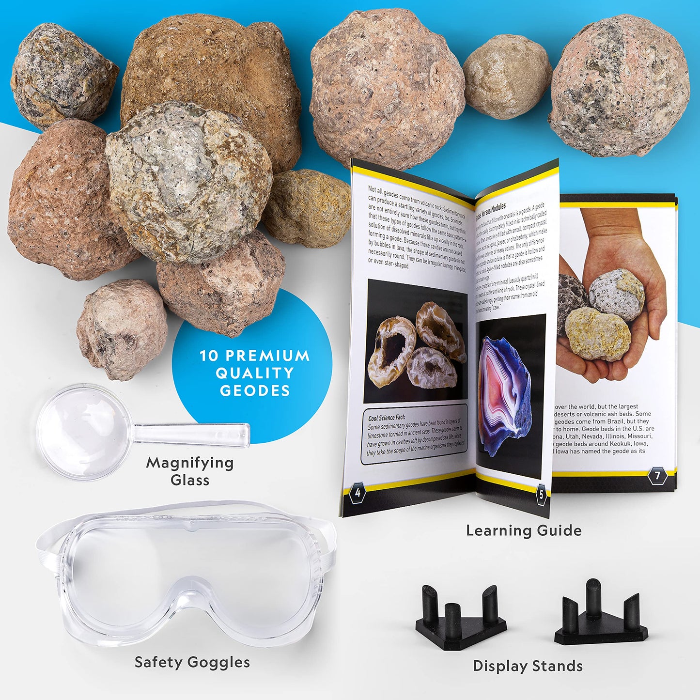 NATIONAL GEOGRAPHIC Break Open 10 Premium Geodes – Includes Goggles and 2 Display Stands - Great STEM Science Kit, Geology Gift for Kids, Break Your Own Geodes with Crystals, Toys for Boys and Girls