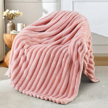 Exclusivo Mezcla Fleece Throw Blanket for Couch, Super Soft Striped Jacquard Bed Blanket, Lightweight Fuzzy Cozy for All Seasons, 50x60 Inches, Pink