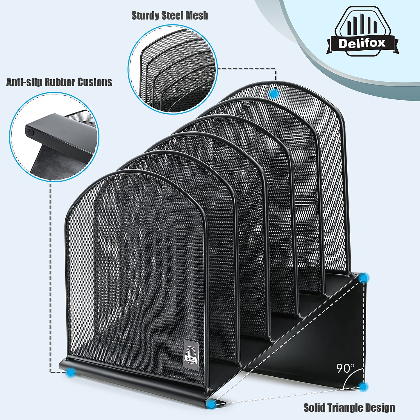 Delifox Inclined Desk File Organizer, 5-Section Vertical File Folder Holder Stand Metal Rack File Sorter for Office Classroom Desktop Organization (Black, 1Pack)