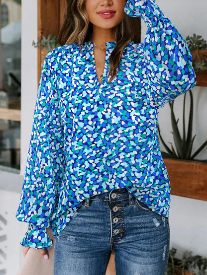 MASCOMODA Womens V Neck Floral Long Sleeve Tops 2024 Summer Casual Loose Puff Sleeve Chiffon Boho Work Blouse Dressy T Shirts(Blue,Small)