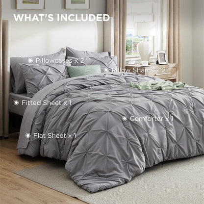 Bedsure King Size Comforter Set - Bedding Sets King 7 Pieces, Pintuck Bed in a Bag Grey Bed Set with Comforter, Sheets, Pillowcases & Shams