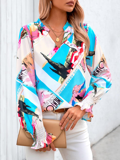 MASCOMODA Womens V Neck Floral Long Sleeve Tops 2024 Summer Casual Loose Puff Sleeve Chiffon Boho Work Blouse Dressy T Shirts(Graphic Print,Small)