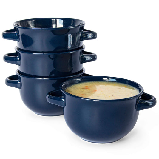 KooK French Onion Soup Bowls, Crocks, Oven Safe Bowls, Soup Mugs, Ceramic Bowls, Dishwasher, Microwave, Set of 4, 18 oz (Blue)