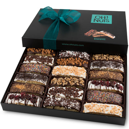 Oh! Nuts Gourmet Gift Baskets - 18 Biscotti Cookie Chocolate Gift Basket - Unique Prime Holiday, Birthday, Anniversary, Corporate Tray for Men, Women