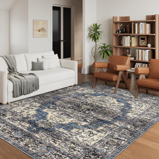 befbee 5x7 Area Rugs for Living Room, Stain Resistant Neutral Washable Rugs for Dining Room, Floral Vintage Non-Slip Thin Large Size Area Rug (Blue/Black)