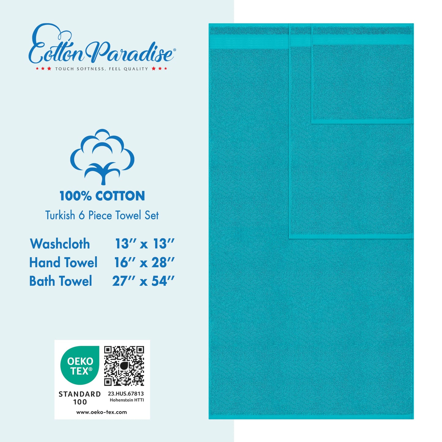 Cotton Paradise 6 Piece Towel Set 100% Cotton Soft Absorbent Turkish Towels for Bathroom 2 Bath Towels 2 Hand Towels 2 Washcloths, Aqua Blue Towel Set