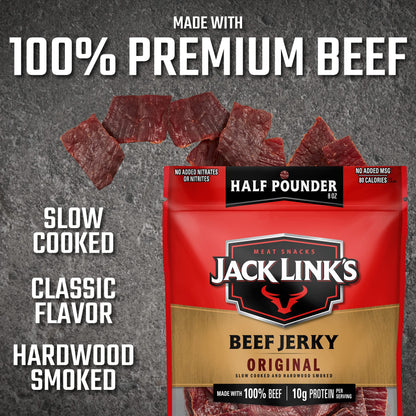 Jack Link's Beef Jerky, Original, 1/2 Pounder Bag - Flavorful Meat Snack, 10g of Protein and 80 Calories, Made with Premium Beef - 96% Fat Free, No Added MSG** or Nitrates/Nitrites, 8oz