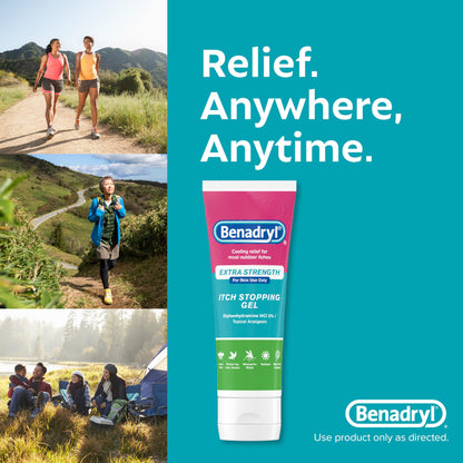 Benadryl Extra Strength Anti Itch Relief Gel, 2% Diphenhydramine HCl, Relief from Insect Bites, Sunburn & More, Great for Camping Essentials, 3.5 fl oz