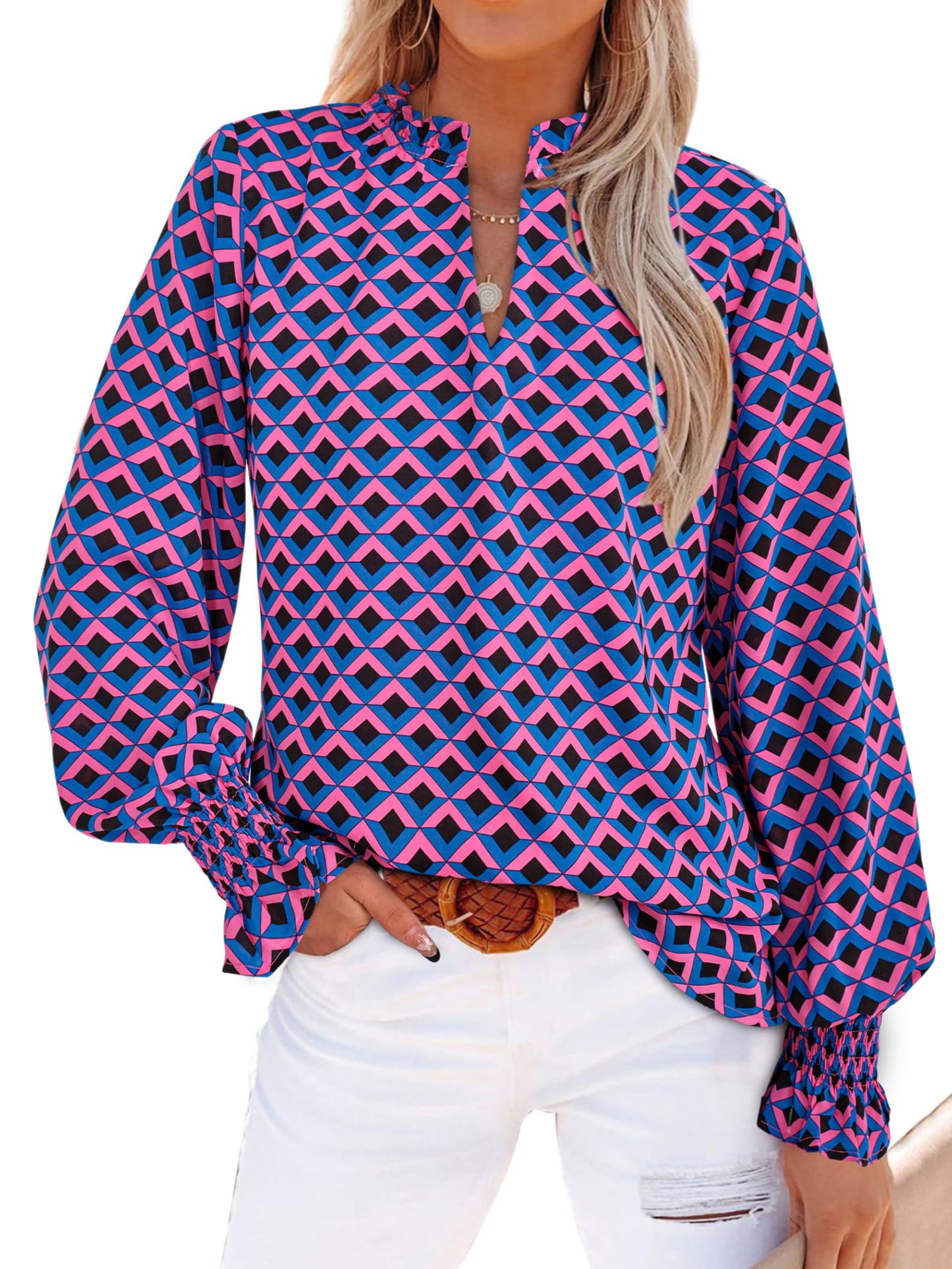 MASCOMODA Womens V Neck Floral Long Sleeve Tops 2024 Summer Casual Loose Puff Sleeve Chiffon Boho Work Blouse Dressy T Shirts(Plaid Blue Pink,X-Large)