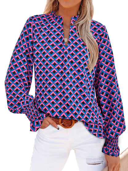 MASCOMODA Womens V Neck Floral Long Sleeve Tops 2024 Summer Casual Loose Puff Sleeve Chiffon Boho Work Blouse Dressy T Shirts(Plaid Blue Pink,X-Large)