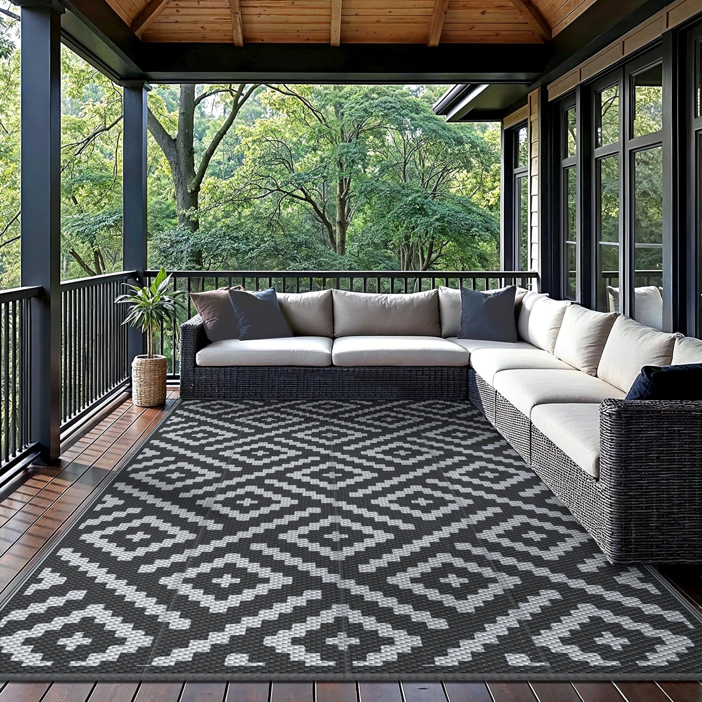 GENIMO Outdoor Rug for Patio Clearance,5'x8' Waterproof Mat,Reversible Plastic Camping Rugs,Rv,Porch,Deck,Camper,Balcony,Backyard,Black & Gray