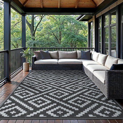 GENIMO Outdoor Rug for Patio Clearance,5'x8' Waterproof Mat,Reversible Plastic Camping Rugs,Rv,Porch,Deck,Camper,Balcony,Backyard,Black & Gray