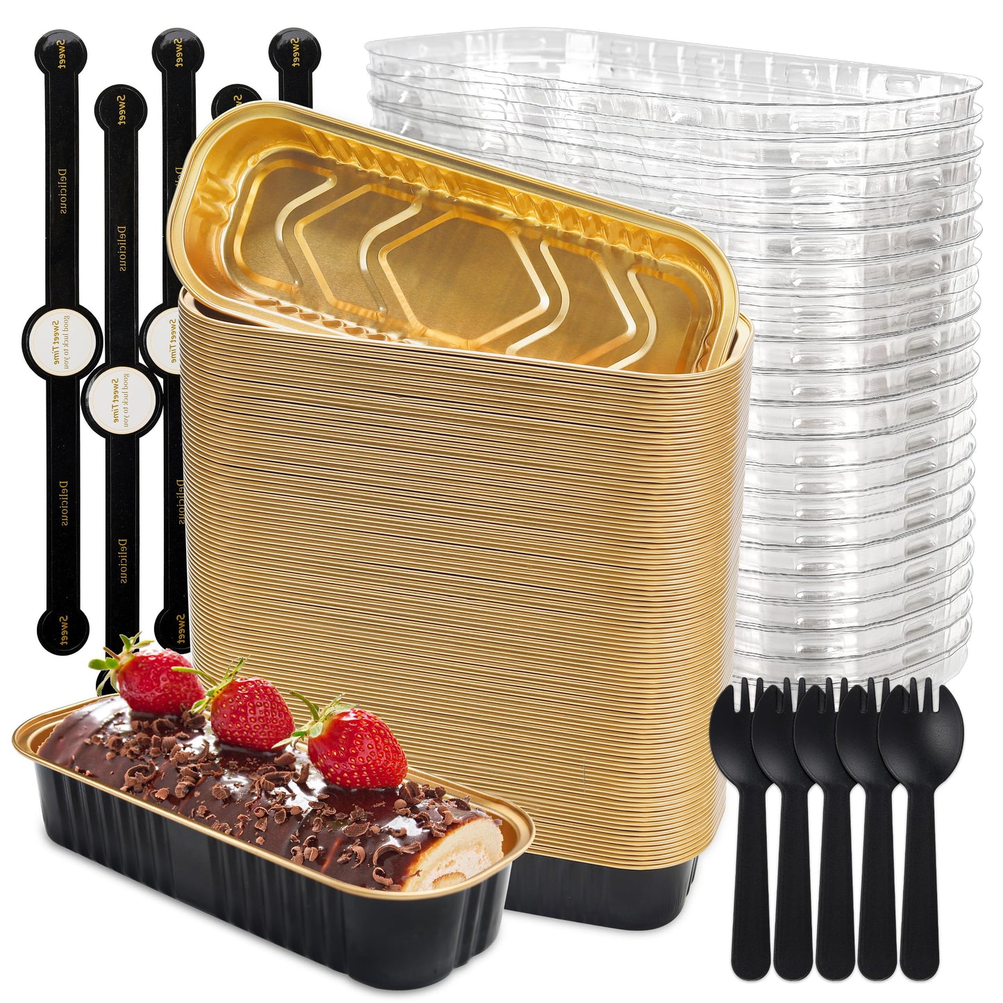 LOKQING Mini Loaf Pans with Lids Rectangle Aluminum Foil Baking Pans Tins Containers for Wedding Birthday Party 6.8oz(Black Gold, 120 Pack)