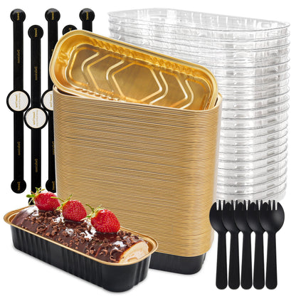 LOKQING Mini Loaf Pans with Lids Rectangle Aluminum Foil Baking Pans Tins Containers for Wedding Birthday Party 6.8oz(Black Gold, 120 Pack)