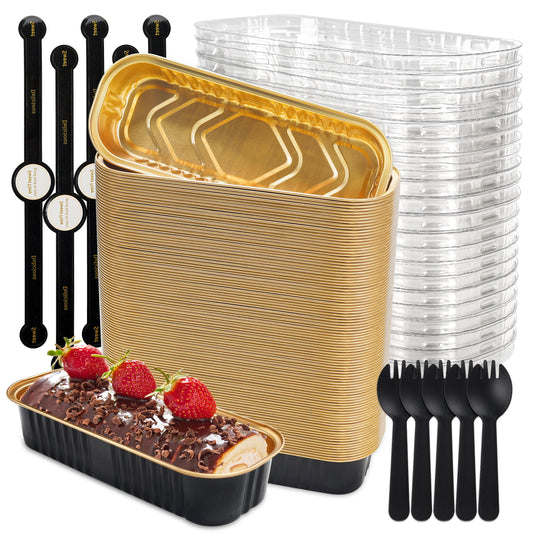 LOKQING Mini Loaf Pans with Lids Rectangle Aluminum Foil Baking Pans Tins Containers for Wedding Birthday Party 6.8oz(Black Gold, 120 Pack)