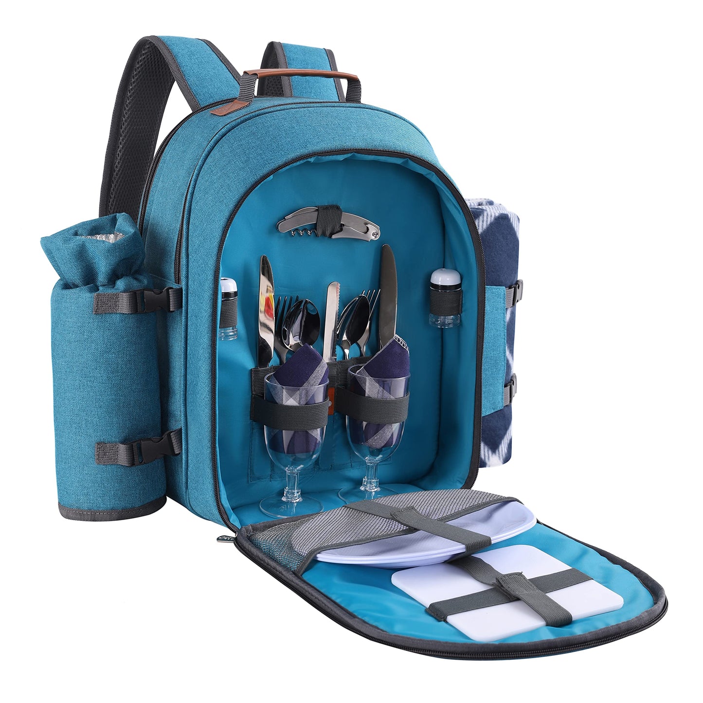 Apollo Walker Picnic Backpack Set for 2 Person with Cooler Compartment, Detachable Bottle/Wine Holder, Fleece Blanket, Plates and Cutlery Set (Teal)