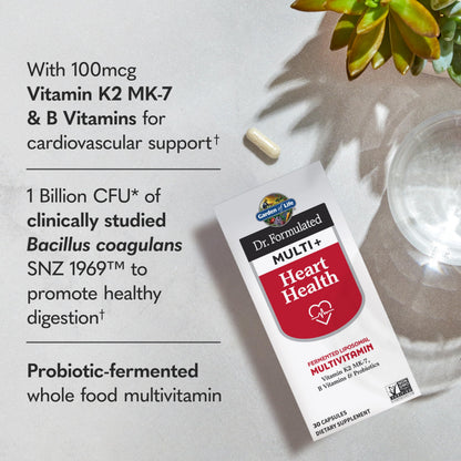 Garden of Life Dr. Formulated Multi+ Heart Health - Fermented Liposomal Multivitamin + Vitamin K2 MK-7, B Vitamins & Probiotics - One a Day for Cardiovascular & Blood Vessel Function, 30 Capsules