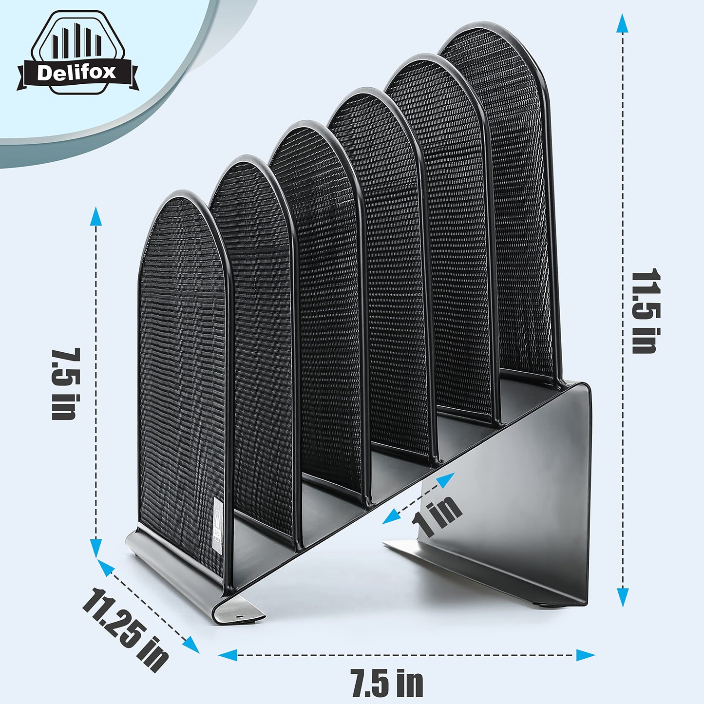 Delifox Inclined Desk File Organizer, 5-Section Vertical File Folder Holder Stand Metal Rack File Sorter for Office Classroom Desktop Organization (Black, 1Pack)