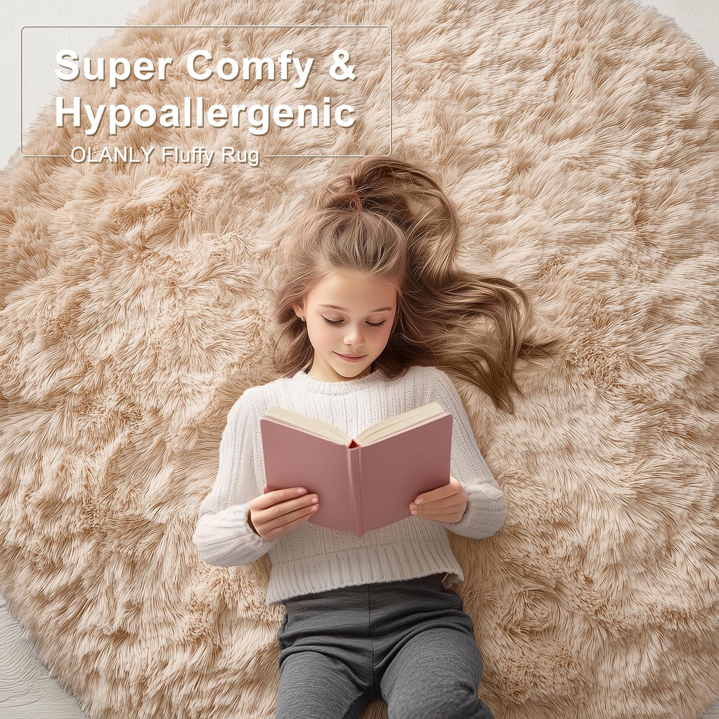 OLANLY Beige Round Rugs for Bedroom - Machine Washable, 7x7 Feet Circle Area Rugs for Living Room, Soft and Fluffy Shaggy Carpet for Teen Girls and Boys, Dorms, Nursery Rooms, Home Decor Aesthetic