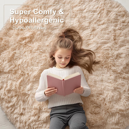 OLANLY Beige Round Rugs for Bedroom - Machine Washable, 7x7 Feet Circle Area Rugs for Living Room, Soft and Fluffy Shaggy Carpet for Teen Girls and Boys, Dorms, Nursery Rooms, Home Decor Aesthetic