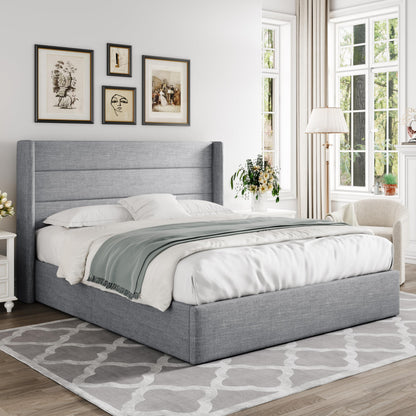 Allewie Queen Size Lift Up Storage Bed, Modern Wingback Headboard, Hydraulic Support, No Box Spring Needed, Light Grey