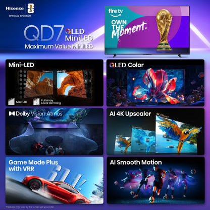 Hisense 55" Class QD7 Series Mini-LED 4K UHD Smart Fire TV (55QD7QF, 2025 Model) - QLED, HDR10+, Dolby Vision, Dolby Atmos, Game Mode Plus, ALLM, Alexa Built in with Voice Remote, Streaming TV, Black