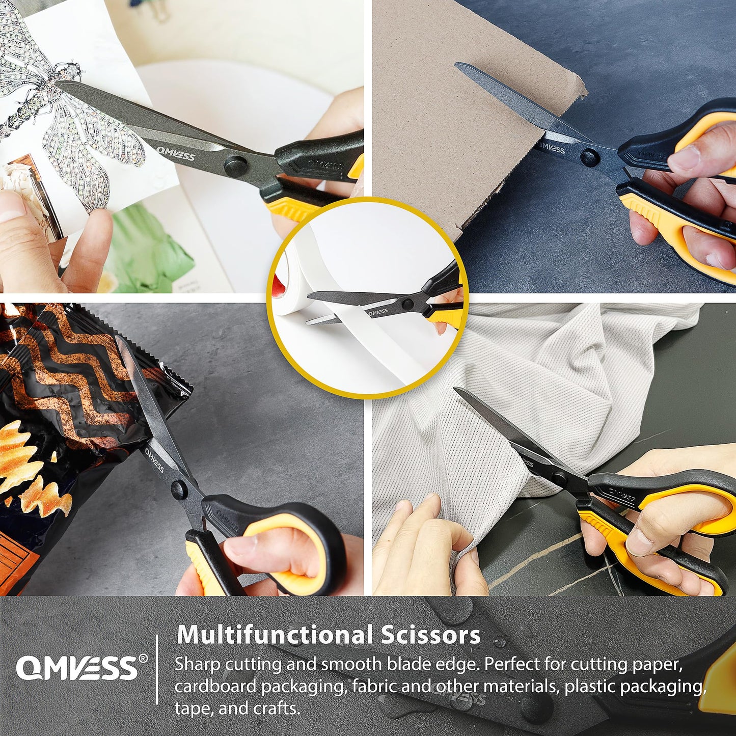 QMVESS 8.5" Scissors All Purpose 3 Pack, Titanium Non-Stick Multipurpose Shears, Professional Ergonomic Comfort Grip Scissors for Office School Home Sewing Fabric DIY Craft Cutting General Use