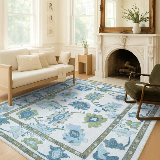 Fame Living Green Oushak Rug, Modern, Vintage, Turkish, Eclectic, Floral, Pastel, Washable, Area Rugs for Living Room, Dining, Bedroom, Nursery, Girls, Boys, 5'9"x8'9"