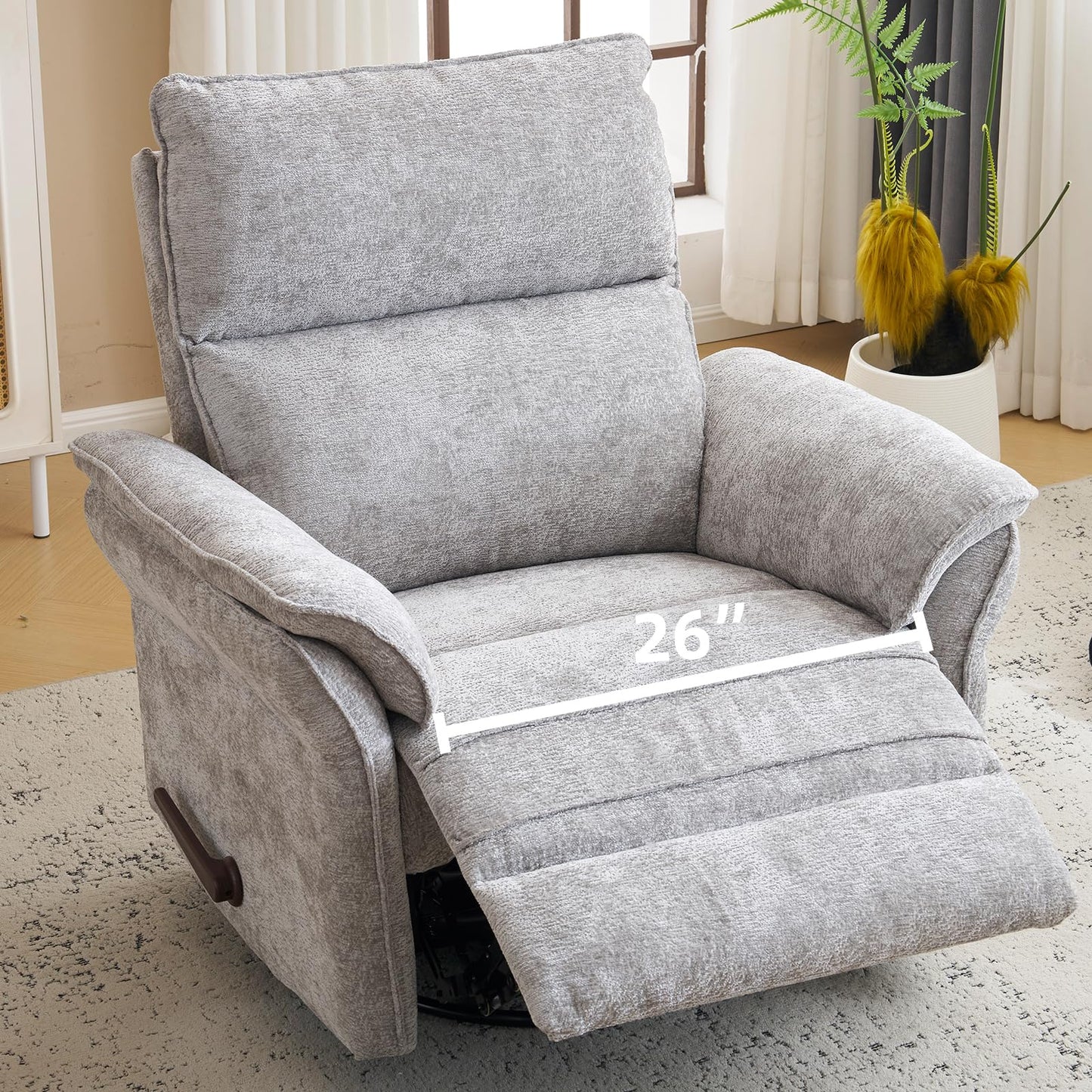 Rhevoy Oversized Glider Rocker Recliner, 26" Extra Wide 360° Swivel Nursery Recliner with Adjustable Headrest, Chenille Rocking Nursery Chair with Overstuffed Armrest, Lumbar Support, Light Grey