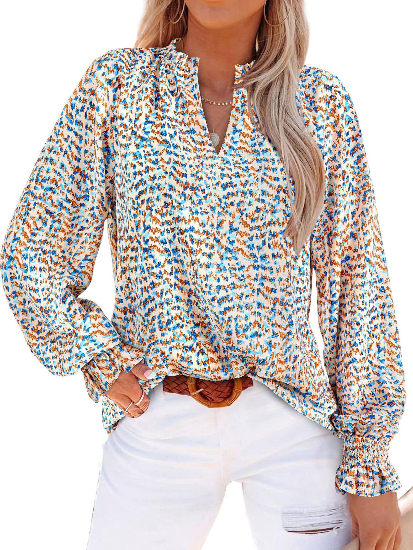 MASCOMODA Womens V Neck Floral Long Sleeve Tops 2024 Summer Casual Loose Puff Sleeve Chiffon Boho Work Blouse Dressy T Shirts(Floral Blue White,Small)