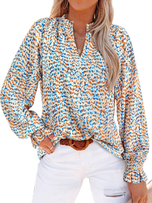 MASCOMODA Womens V Neck Floral Long Sleeve Tops 2024 Summer Casual Loose Puff Sleeve Chiffon Boho Work Blouse Dressy T Shirts(Floral Blue White,Small)