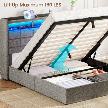 Driftalia Lift Up Queen Bed Frame with Storage, Upholstered Bed Frame Queen Size with LED Lights Headboard and Charging Station, No Box Spring Needed, Easy Assembly - Light Grey
