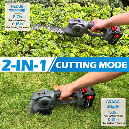 VARAI Hedge Trimmer Cordless, 2 in 1 Cordless Hedge Trimmer with 2600mAh Battery*2, High Power and Large Capacity Hedge Shears for Gardens, Patios and Lawns Charger Included