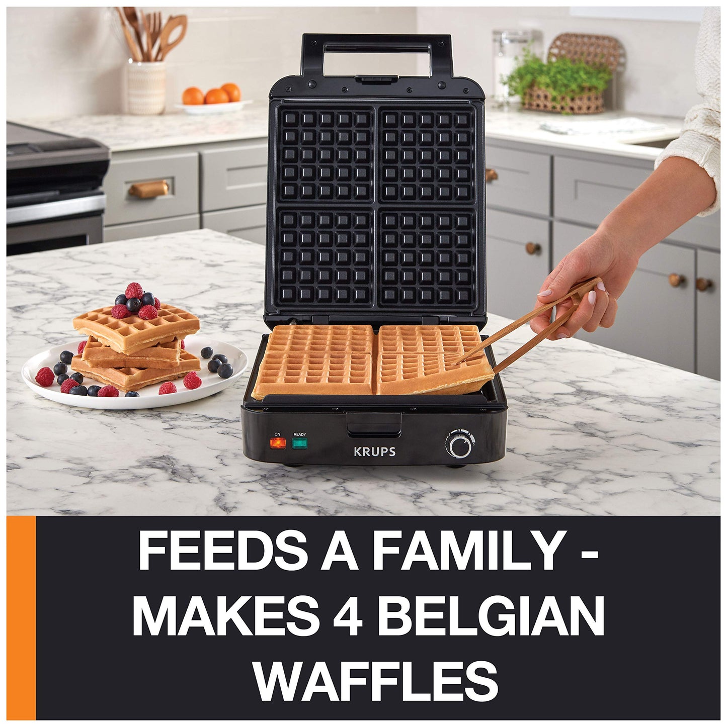 KRUPS: Waffle Maker, Stainless Steel, 4 Slices, 1200 Watts Square, 5 Browning Levels, Removable Plates, Dishwasher Safe, Belgian Waffle Silver and Black