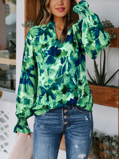 MASCOMODA Womens V Neck Floral Long Sleeve Tops 2024 Summer Casual Loose Puff Sleeve Chiffon Boho Work Blouse Dressy T Shirts(Green Flower,Small)