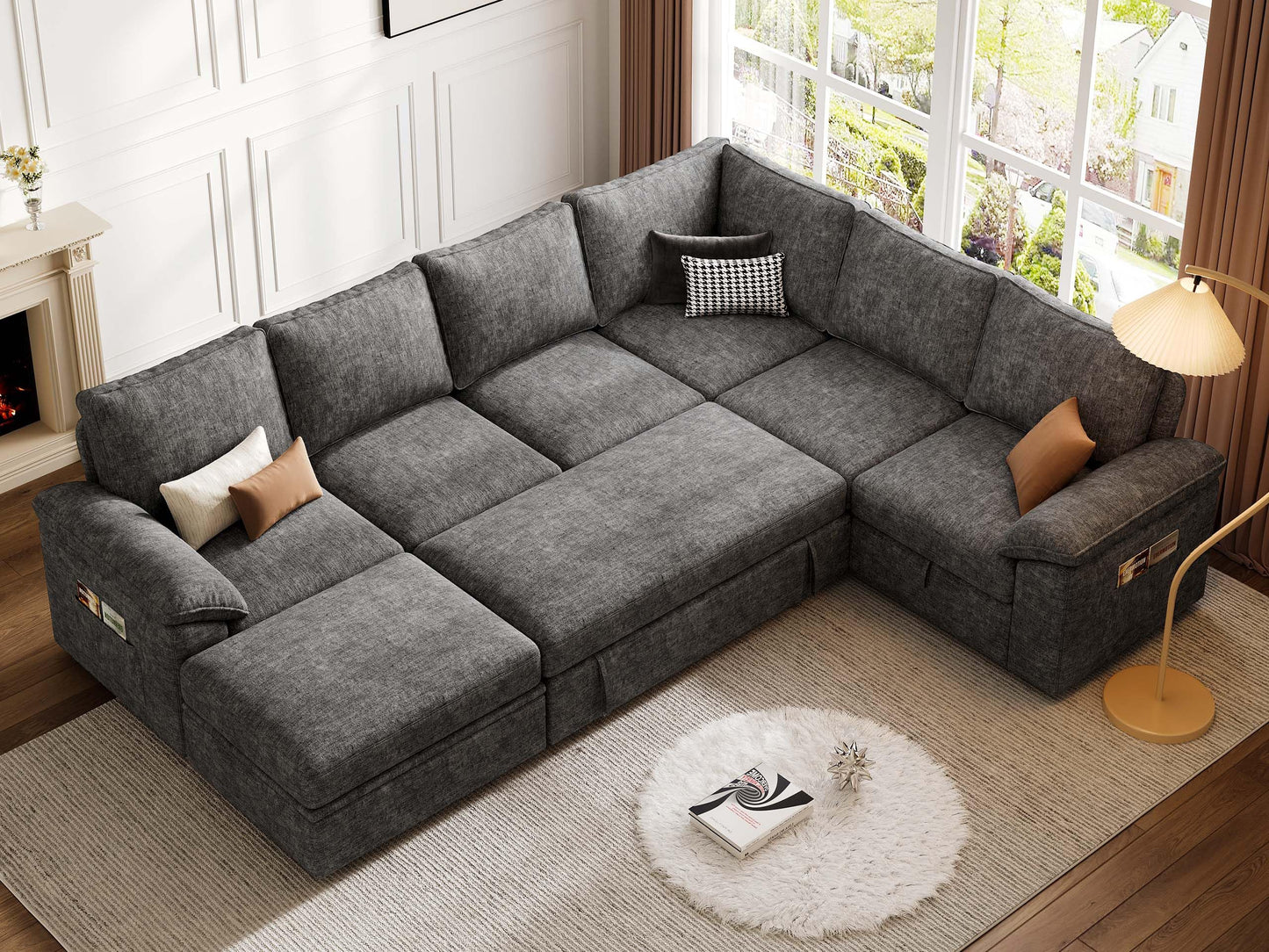 SUAWY 108 Inch Sectional Sleeper Sofa with Pull Out Bed, U Shaped 7 Seat Modular Sectional Sofa with Storage, Sectional Couches for Living Room, Cloud Modular Couch,Removable Sofa Cover, Dark Grey
