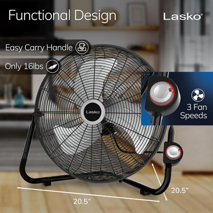 Lasko 20" Black High Velocity Wall Mount Fan with Pivoting Head - 3 Speeds, Ideal Wall Mount Fan or Floor Fans for Home, Garage, Attic, 2264QM