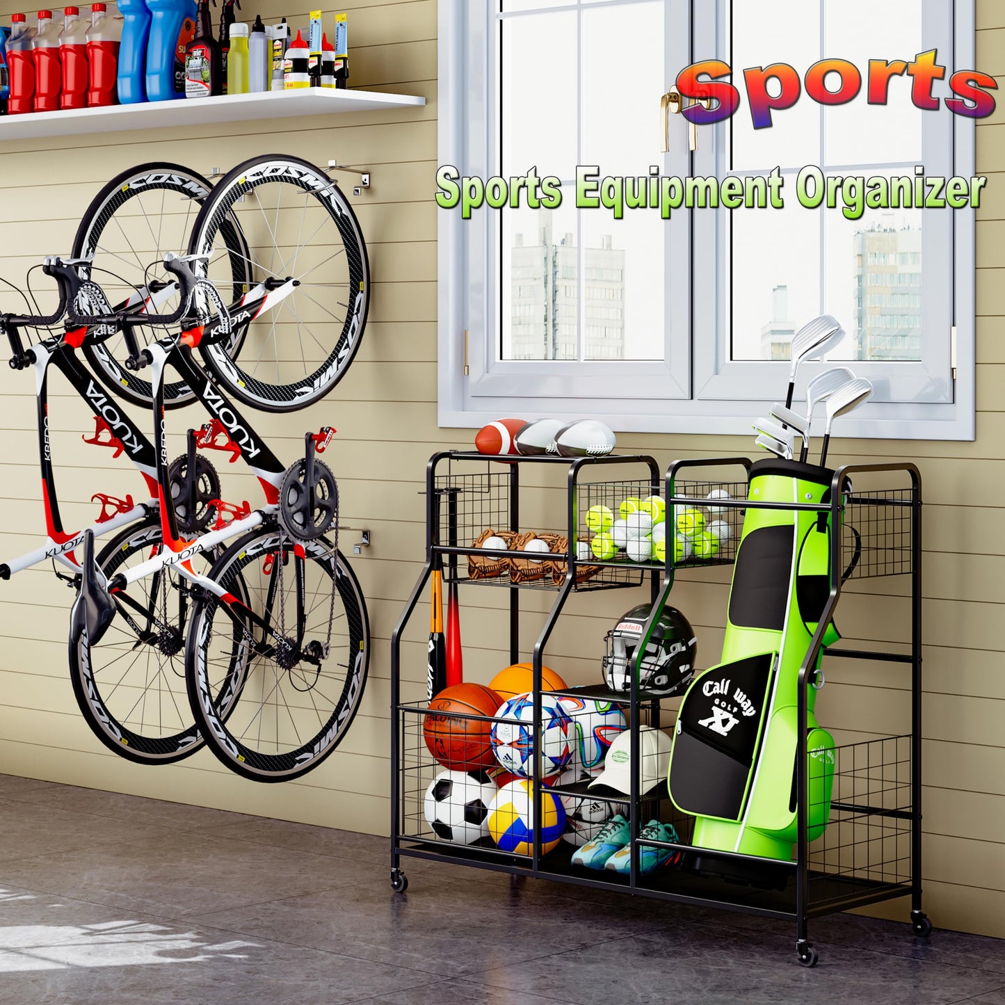 Garage Sports Equipment Organizer & Outdoor Toy Storage, Ball Storage Golf Organizer For Garage with Baskets, 5 Hooks