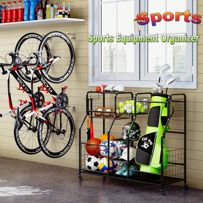 Garage Sports Equipment Organizer & Outdoor Toy Storage, Ball Storage Golf Organizer For Garage with Baskets, 5 Hooks