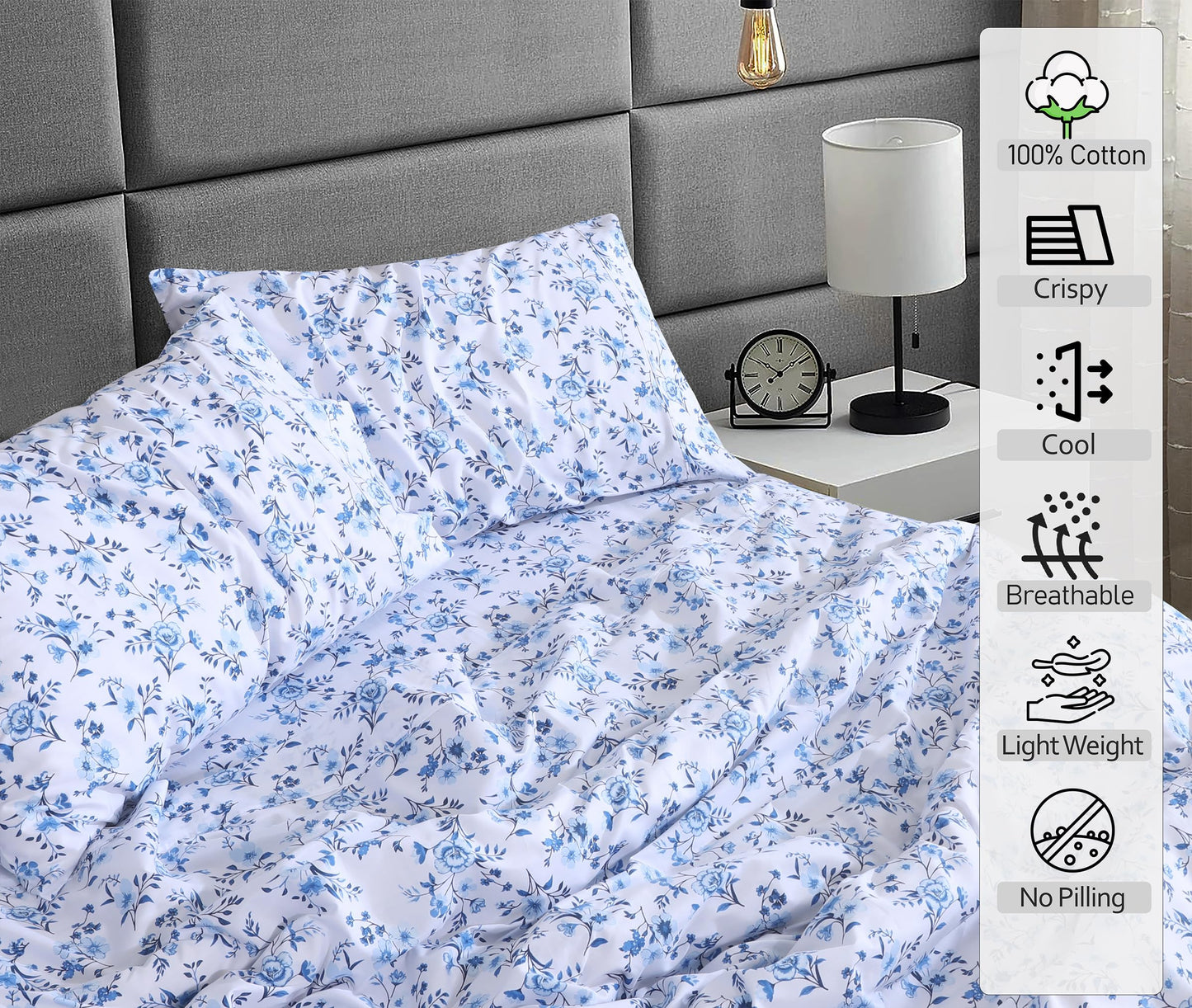 RUVANTI 100% Cotton Sheets – Queen Size Percale Bedding, Cooling & Breathable Floral Design, Durable with a Crisp, Soft & Comfortable Feel, 16" Deep Pocket, 4-Piece Set, Annual