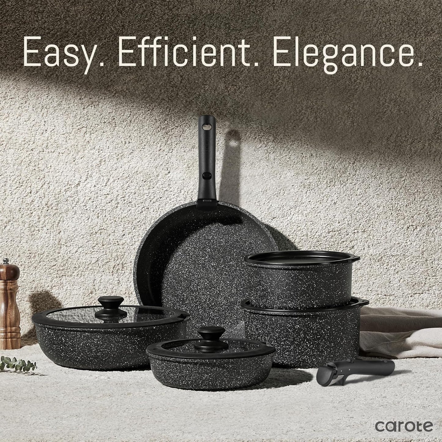 CAROTE 23pcs Pots and Pans Set Non Stick, Cookware Sets, Kitchen Set, Oven/Dishwasher/Fridge Safe, Space Saving Pots Set, Nonstick Set with Versatile Detachable Handle, Induction RV Set, Black