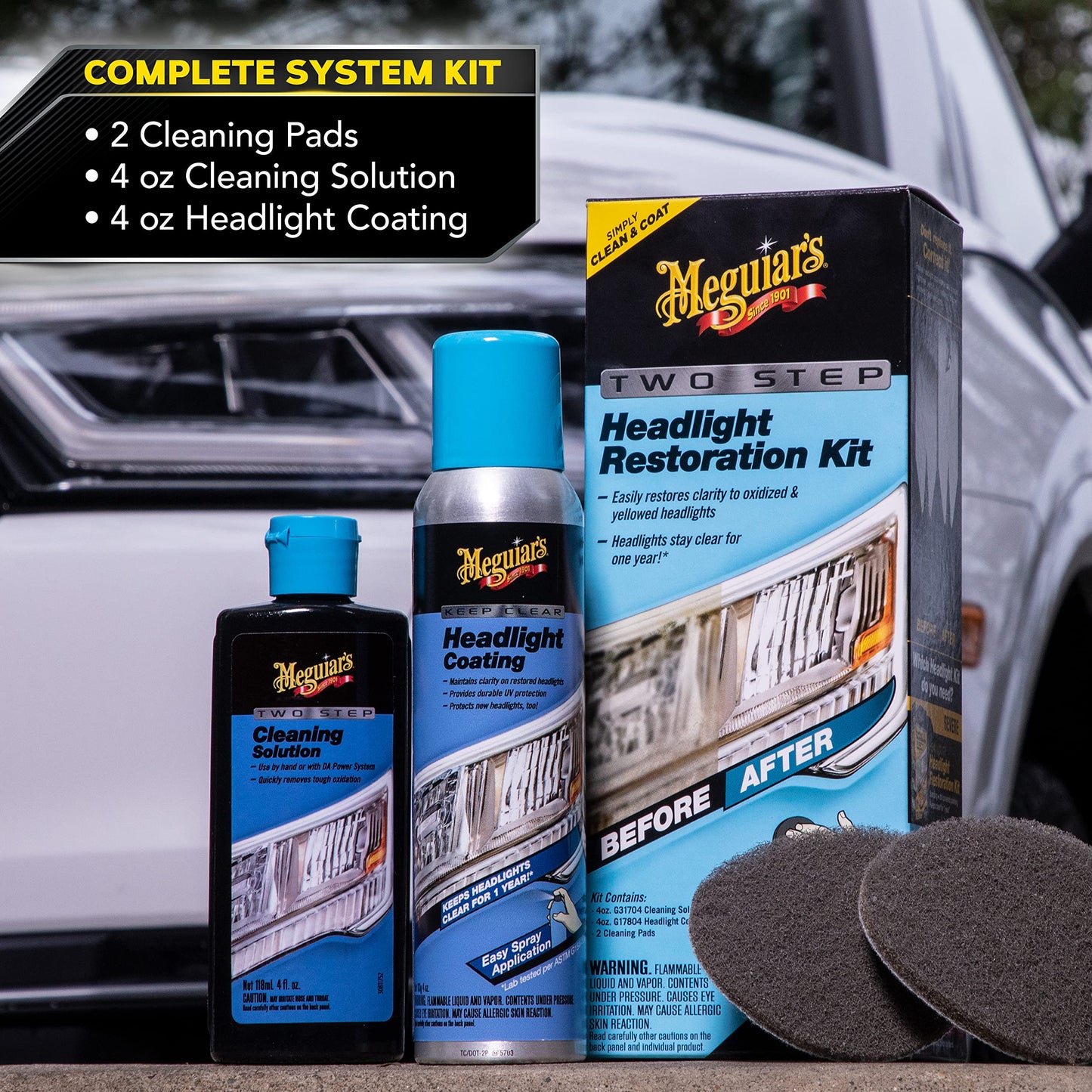 Meguiar's Two Step Headlight Restoration Kit, Headlight Cleaner Restores Clear Car Plastic and Protects from Re-Oxidation, Includes Headlight Coating and Cleaning Solution - 4 Count (1 Pack)