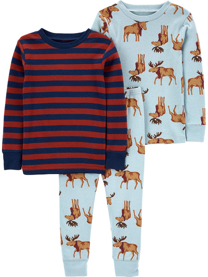 Simple Joys by Carter's Baby 3-Piece Snug-fit Cotton Holiday Pajama Set, Burgundy Stripe/Light Blue Moose, 5